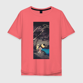 Мужская футболка хлопок Oversize с принтом Thunderstorm at Tateishi (Гроза) в Тюмени, 100% хлопок | свободный крой, круглый ворот, “спинка” длиннее передней части | Тематика изображения на принте: japan | винтаж | горы | гроза | деревня | природа | япония | японская культура | японская эстетика | японский стиль