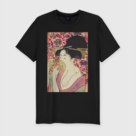 Мужская футболка хлопок Slim с принтом Kushi (Портрет девушки) в Екатеринбурге, 92% хлопок, 8% лайкра | приталенный силуэт, круглый вырез ворота, длина до линии бедра, короткий рукав | винтаж | искусство | красота | культура | культура японии | отдых | природа | рисунок | япония | японская культура | японская эстетика | японский | японский стиль