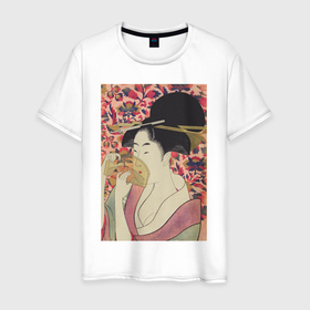 Мужская футболка хлопок с принтом Kushi (Портрет девушки) в Санкт-Петербурге, 100% хлопок | прямой крой, круглый вырез горловины, длина до линии бедер, слегка спущенное плечо. | Тематика изображения на принте: винтаж | искусство | красота | культура | культура японии | отдых | природа | рисунок | япония | японская культура | японская эстетика | японский | японский стиль