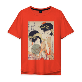 Мужская футболка хлопок Oversize с принтом Chojiya Hinazuru Hinamatsu (Две девушки) в Петрозаводске, 100% хлопок | свободный крой, круглый ворот, “спинка” длиннее передней части | Тематика изображения на принте: винтаж | искусство | красота | культура | культура японии | отдых | природа | рисунок | япония | японская культура | японская эстетика | японский | японский стиль