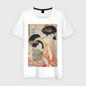 Мужская футболка хлопок с принтом Chojiya Hinazuru Hinamatsu (Две девушки) в Петрозаводске, 100% хлопок | прямой крой, круглый вырез горловины, длина до линии бедер, слегка спущенное плечо. | винтаж | искусство | красота | культура | культура японии | отдых | природа | рисунок | япония | японская культура | японская эстетика | японский | японский стиль