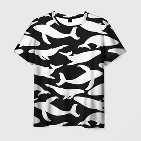 Мужская футболка 3D с принтом Киты в черно белом в Санкт-Петербурге, 100% полиэфир | прямой крой, круглый вырез горловины, длина до линии бедер | в море | кашалоты | китовый | океан | с китами | черно белый