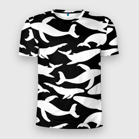 Мужская футболка 3D Slim с принтом Киты в черно белом в Белгороде, 100% полиэстер с улучшенными характеристиками | приталенный силуэт, круглая горловина, широкие плечи, сужается к линии бедра | в море | кашалоты | китовый | океан | с китами | черно белый