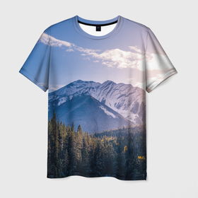 Мужская футболка 3D с принтом Горы   Лес   Солнце в Санкт-Петербурге, 100% полиэфир | прямой крой, круглый вырез горловины, длина до линии бедер | forest | mountains | sun | горы | лес | природа | солнце