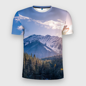 Мужская футболка 3D Slim с принтом Горы   Лес   Солнце в Новосибирске, 100% полиэстер с улучшенными характеристиками | приталенный силуэт, круглая горловина, широкие плечи, сужается к линии бедра | forest | mountains | sun | горы | лес | природа | солнце