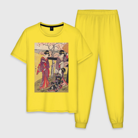 Мужская пижама хлопок с принтом Gotenyama no Hanami Hidari (Цветение сакуры) в Екатеринбурге, 100% хлопок | брюки и футболка прямого кроя, без карманов, на брюках мягкая резинка на поясе и по низу штанин
 | Тематика изображения на принте: japan | винтаж | вишня | горы | пейзаж | природа | прогулка | сакура | цветение | япония | японская | японская анимация | японская эстетика