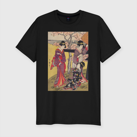 Мужская футболка хлопок Slim с принтом Gotenyama no Hanami Hidari (Цветение сакуры) в Кировске, 92% хлопок, 8% лайкра | приталенный силуэт, круглый вырез ворота, длина до линии бедра, короткий рукав | japan | винтаж | вишня | горы | пейзаж | природа | прогулка | сакура | цветение | япония | японская | японская анимация | японская эстетика