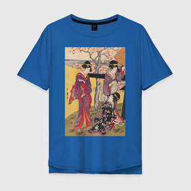 Мужская футболка хлопок Oversize с принтом Gotenyama no Hanami Hidari (Цветение сакуры) , 100% хлопок | свободный крой, круглый ворот, “спинка” длиннее передней части | japan | винтаж | вишня | горы | пейзаж | природа | прогулка | сакура | цветение | япония | японская | японская анимация | японская эстетика