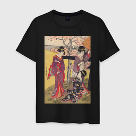 Мужская футболка хлопок с принтом Gotenyama no Hanami Hidari (Цветение сакуры) , 100% хлопок | прямой крой, круглый вырез горловины, длина до линии бедер, слегка спущенное плечо. | japan | винтаж | вишня | горы | пейзаж | природа | прогулка | сакура | цветение | япония | японская | японская анимация | японская эстетика
