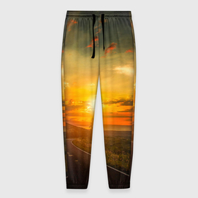 Мужские брюки 3D с принтом Закат у океана в Белгороде, 100% полиэстер | манжеты по низу, эластичный пояс регулируется шнурком, по бокам два кармана без застежек, внутренняя часть кармана из мелкой сетки | дорога | закат | море | океан | природа | романтика | солнце