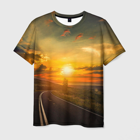 Мужская футболка 3D с принтом Закат у океана в Тюмени, 100% полиэфир | прямой крой, круглый вырез горловины, длина до линии бедер | дорога | закат | море | океан | природа | романтика | солнце