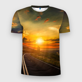 Мужская футболка 3D Slim с принтом Закат у океана в Белгороде, 100% полиэстер с улучшенными характеристиками | приталенный силуэт, круглая горловина, широкие плечи, сужается к линии бедра | Тематика изображения на принте: дорога | закат | море | океан | природа | романтика | солнце