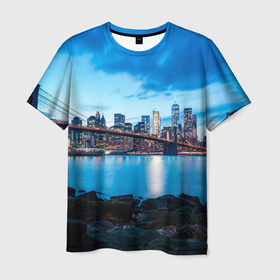 Мужская футболка 3D с принтом Закат в мегаполисе в Тюмени, 100% полиэфир | прямой крой, круглый вырез горловины, длина до линии бедер | вечер | город | закат | залив | мегаполис | мост | река