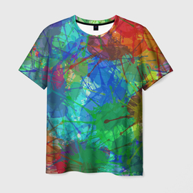 Мужская футболка 3D с принтом Разноцветные кляксы в Тюмени, 100% полиэфир | прямой крой, круглый вырез горловины, длина до линии бедер | Тематика изображения на принте: абстракция | желтый | зеленый | кляксы | краски | красный | разноцветные | синий | цвета