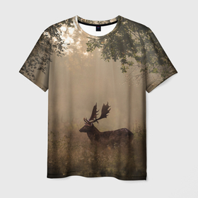 Мужская футболка 3D с принтом Олень в лесу в лучах солнца в Санкт-Петербурге, 100% полиэфир | прямой крой, круглый вырез горловины, длина до линии бедер | деревья | лес | лучи | олень | природа | солнца