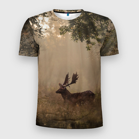 Мужская футболка 3D Slim с принтом Олень в лесу в лучах солнца в Белгороде, 100% полиэстер с улучшенными характеристиками | приталенный силуэт, круглая горловина, широкие плечи, сужается к линии бедра | деревья | лес | лучи | олень | природа | солнца