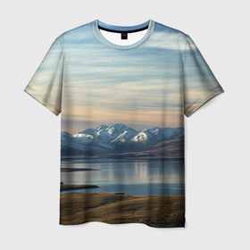 Мужская футболка 3D с принтом Горы + озеро (природа) в Курске, 100% полиэфир | прямой крой, круглый вырез горловины, длина до линии бедер | lake | mountains | горы | озеро | природа | скалы