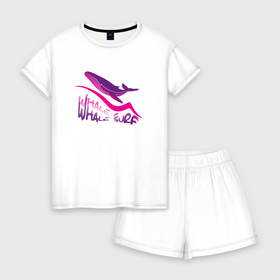 Женская пижама с шортиками хлопок с принтом Серфингующий кит , 100% хлопок | футболка прямого кроя, шорты свободные с широкой мягкой резинкой | волна | кит | маджента | океан | розовый | серфинг