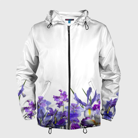 Мужская ветровка 3D с принтом Любимые Ирисы в Екатеринбурге, 100% полиэстер | подол и капюшон оформлены резинкой с фиксаторами, два кармана без застежек по бокам, один потайной карман на груди | ириски | ирисы | любимые ирисы | фиолетовые цветы | цветы