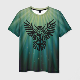 Мужская футболка 3D с принтом Сова в лучах в Екатеринбурге, 100% полиэфир | прямой крой, круглый вырез горловины, длина до линии бедер | блеск | закат | лучи | сова | тату | текстура | тень | тень совы | филин