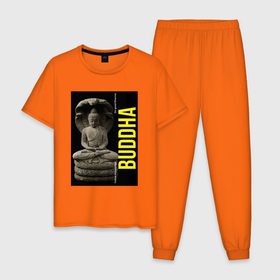 Мужская пижама хлопок с принтом Будда под защитой нага в Белгороде, 100% хлопок | брюки и футболка прямого кроя, без карманов, на брюках мягкая резинка на поясе и по низу штанин
 | будда | буддизм | змея | индия | йога | кобра | легенда | медитация | миф | мифология | мусалинда | наг | нага