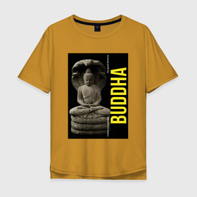 Мужская футболка хлопок Oversize с принтом Будда под защитой нага в Кировске, 100% хлопок | свободный крой, круглый ворот, “спинка” длиннее передней части | Тематика изображения на принте: будда | буддизм | змея | индия | йога | кобра | легенда | медитация | миф | мифология | мусалинда | наг | нага