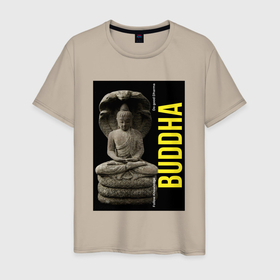 Мужская футболка хлопок с принтом Будда под защитой нага в Петрозаводске, 100% хлопок | прямой крой, круглый вырез горловины, длина до линии бедер, слегка спущенное плечо. | будда | буддизм | змея | индия | йога | кобра | легенда | медитация | миф | мифология | мусалинда | наг | нага