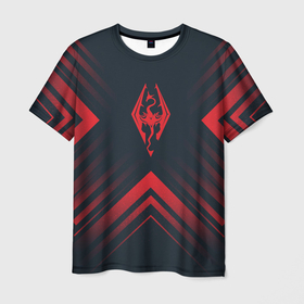 Мужская футболка 3D с принтом Красный Символ Skyrim на темном фоне со стрелками , 100% полиэфир | прямой крой, круглый вырез горловины, длина до линии бедер | elder | logo | scrolls | skyrim | the | игра | игры | лого | логотип | огонь | пламя | ромб | символ | скайрим