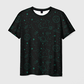 Мужская футболка 3D с принтом черный паттерн космические объекты в Кировске, 100% полиэфир | прямой крой, круглый вырез горловины, длина до линии бедер | вселенная | звезда | звезды | земля | космос | луна | паттерн | планеты | спутник