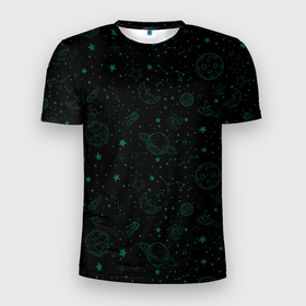 Мужская футболка 3D Slim с принтом черный паттерн космические объекты в Курске, 100% полиэстер с улучшенными характеристиками | приталенный силуэт, круглая горловина, широкие плечи, сужается к линии бедра | Тематика изображения на принте: вселенная | звезда | звезды | земля | космос | луна | паттерн | планеты | спутник