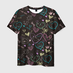 Мужская футболка 3D с принтом Паттерн милые животные и сердечки в Тюмени, 100% полиэфир | прямой крой, круглый вырез горловины, длина до линии бедер | Тематика изображения на принте: дракон | единорог | корона | кот | котик | кошка | лев | львенок | паттерн | пингвин | сердце