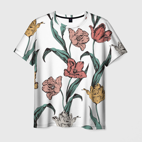 Мужская футболка 3D с принтом Цветы Разноцветные Тюльпаны в Курске, 100% полиэфир | прямой крой, круглый вырез горловины, длина до линии бедер | Тематика изображения на принте: flowers | букет | природа | растение | тюльпан | флора | цветы