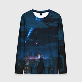 Мужской лонгслив 3D с принтом Мальчик смотрит в небо в Петрозаводске, 100% полиэстер | длинные рукава, круглый вырез горловины, полуприлегающий силуэт | anime | boy | cloud | night | аниме | вечер | мальчик | небо | ночь | облака | сияние