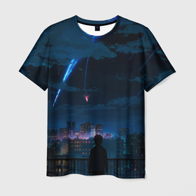 Мужская футболка 3D с принтом Мальчик смотрит в небо в Петрозаводске, 100% полиэфир | прямой крой, круглый вырез горловины, длина до линии бедер | anime | boy | cloud | night | аниме | вечер | мальчик | небо | ночь | облака | сияние