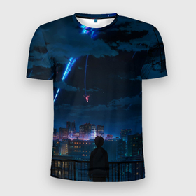 Мужская футболка 3D Slim с принтом Мальчик смотрит в небо в Тюмени, 100% полиэстер с улучшенными характеристиками | приталенный силуэт, круглая горловина, широкие плечи, сужается к линии бедра | anime | boy | cloud | night | аниме | вечер | мальчик | небо | ночь | облака | сияние
