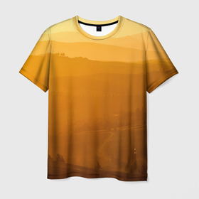 Мужская футболка 3D с принтом Закат в пригороде в Тюмени, 100% полиэфир | прямой крой, круглый вырез горловины, длина до линии бедер | вечер | дорога поле | закат | пригород | холмы