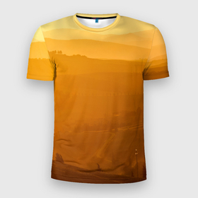 Мужская футболка 3D Slim с принтом Закат в пригороде в Белгороде, 100% полиэстер с улучшенными характеристиками | приталенный силуэт, круглая горловина, широкие плечи, сужается к линии бедра | Тематика изображения на принте: вечер | дорога поле | закат | пригород | холмы