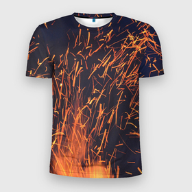 Мужская футболка 3D Slim с принтом Искры от пламени в Петрозаводске, 100% полиэстер с улучшенными характеристиками | приталенный силуэт, круглая горловина, широкие плечи, сужается к линии бедра | fire | fireplace | искры | костер | огонь | пламя