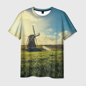 Мужская футболка 3D с принтом Мельница в поле в Санкт-Петербурге, 100% полиэфир | прямой крой, круглый вырез горловины, длина до линии бедер | Тематика изображения на принте: деревня | мельница | небо | облака | поле | природа | солнце | ферма