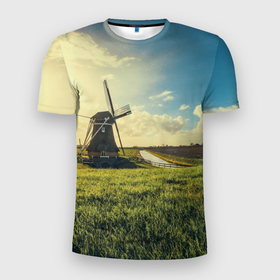 Мужская футболка 3D Slim с принтом Мельница в поле в Санкт-Петербурге, 100% полиэстер с улучшенными характеристиками | приталенный силуэт, круглая горловина, широкие плечи, сужается к линии бедра | деревня | мельница | небо | облака | поле | природа | солнце | ферма