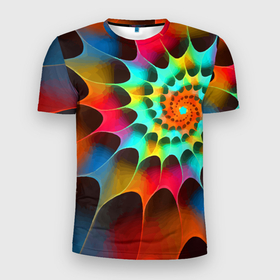 Мужская футболка 3D Slim с принтом Красочная неоновая спираль   Colorful neon spiral в Тюмени, 100% полиэстер с улучшенными характеристиками | приталенный силуэт, круглая горловина, широкие плечи, сужается к линии бедра | Тематика изображения на принте: color | geometry | neon | spiral | геометрия | неон | спираль | цвет