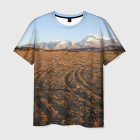 Мужская футболка 3D с принтом Вид на гору Гурла Мандата в Тибете в Санкт-Петербурге, 100% полиэфир | прямой крой, круглый вырез горловины, длина до линии бедер | авто | автомобиль | азия | вершина | восток | гора | горы | колея | небо | пейзаж | перевал | природа | путешествия | следы | туризм | шина