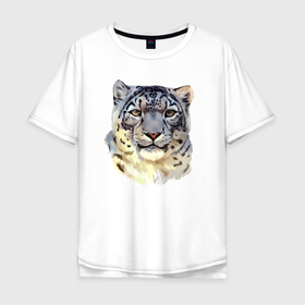Мужская футболка хлопок Oversize с принтом Снежный Леопард (барс) в Тюмени, 100% хлопок | свободный крой, круглый ворот, “спинка” длиннее передней части | Тематика изображения на принте: leopard | panthera | panthera pardus | барс | гепард | голова | животное | зверь | кошачие | кошачий | крупная кошка | лео | леопард | леопарды | пантера | пятнистый | хищник | ягуар
