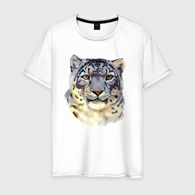 Мужская футболка хлопок с принтом Снежный Леопард (барс) в Екатеринбурге, 100% хлопок | прямой крой, круглый вырез горловины, длина до линии бедер, слегка спущенное плечо. | leopard | panthera | panthera pardus | барс | гепард | голова | животное | зверь | кошачие | кошачий | крупная кошка | лео | леопард | леопарды | пантера | пятнистый | хищник | ягуар