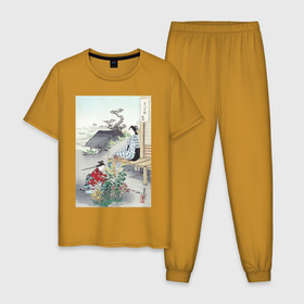 Мужская пижама хлопок с принтом Caring for the Chrysanthemums (Хризантемы) в Тюмени, 100% хлопок | брюки и футболка прямого кроя, без карманов, на брюках мягкая резинка на поясе и по низу штанин
 | japan | винтаж | пейзаж | природа | хризантема | цветы | япония | японская | японская анимация | японская эстетика