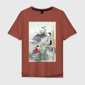 Мужская футболка хлопок Oversize с принтом Caring for the Chrysanthemums (Хризантемы) в Кировске, 100% хлопок | свободный крой, круглый ворот, “спинка” длиннее передней части | japan | винтаж | пейзаж | природа | хризантема | цветы | япония | японская | японская анимация | японская эстетика