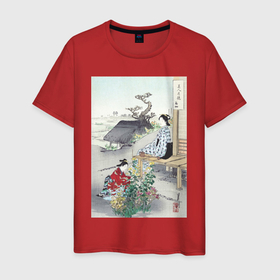Мужская футболка хлопок с принтом Caring for the Chrysanthemums (Хризантемы) , 100% хлопок | прямой крой, круглый вырез горловины, длина до линии бедер, слегка спущенное плечо. | Тематика изображения на принте: japan | винтаж | пейзаж | природа | хризантема | цветы | япония | японская | японская анимация | японская эстетика