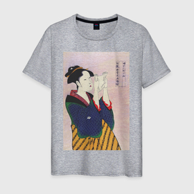 Мужская футболка хлопок с принтом Fumiyomu Onna (Портрет девушки) в Санкт-Петербурге, 100% хлопок | прямой крой, круглый вырез горловины, длина до линии бедер, слегка спущенное плечо. | винтаж | девушка | искусство | красота | культура | культура японии | отдых | природа | рисунок | япония | японская культура | японская эстетика | японский | японский стиль