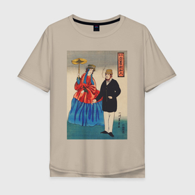 Мужская футболка хлопок Oversize с принтом Shosha Amerikajin (Влюблённая пара) в Кировске, 100% хлопок | свободный крой, круглый ворот, “спинка” длиннее передней части | Тематика изображения на принте: винтаж | искусство | культура | культура японии | отдых | природа | прогулка | рисунок | япония | японская культура | японская эстетика | японский | японский стиль