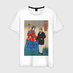 Мужская футболка хлопок с принтом Shosha Amerikajin (Влюблённая пара) в Санкт-Петербурге, 100% хлопок | прямой крой, круглый вырез горловины, длина до линии бедер, слегка спущенное плечо. | винтаж | искусство | культура | культура японии | отдых | природа | прогулка | рисунок | япония | японская культура | японская эстетика | японский | японский стиль